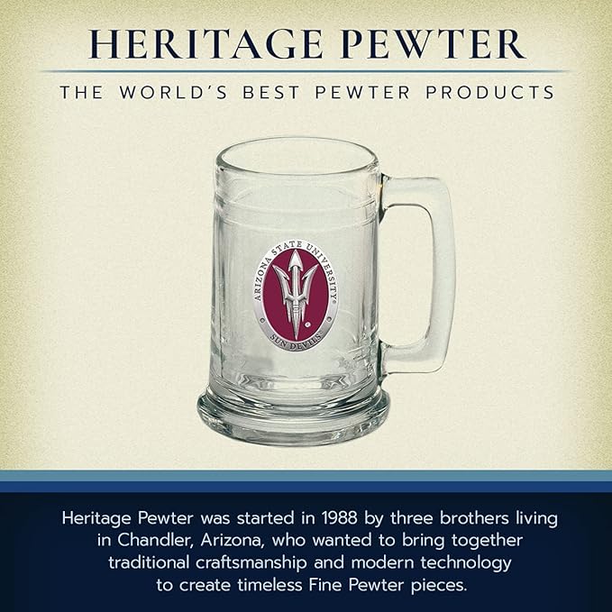 Heritage Pewter Arizona State Beer Stein Glass | 15 Ounce German-Style Beer Glass | Intricately Crafted Metal Pewter Alma Mater Inlay