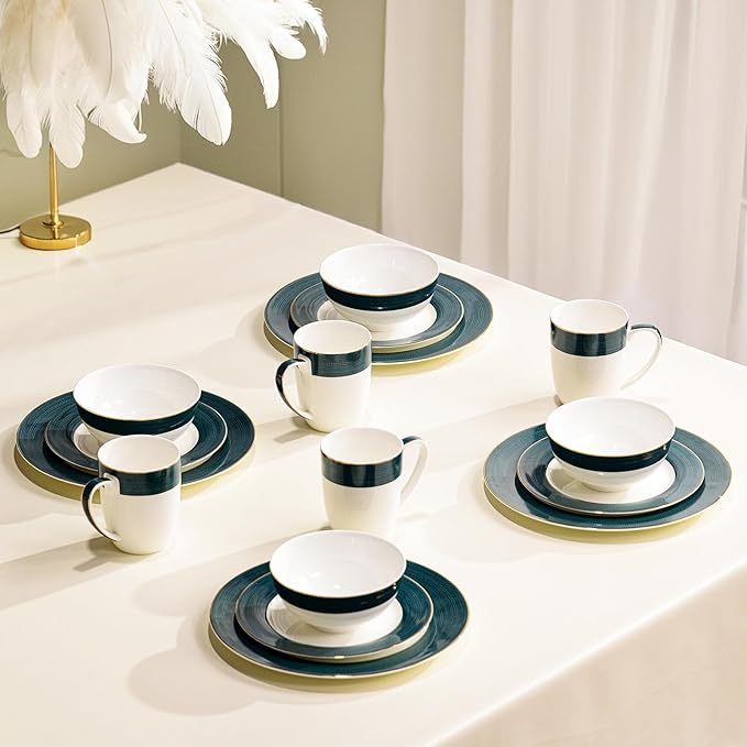 16-Piece Fine Bone China Dinnerware Set, Dinner Plates,Bowls and Mugs Set, Dishware Set for 4, With Selected Christmas Premium Red and Green pattern, White Embossed Spot Ornament and Gold Rim