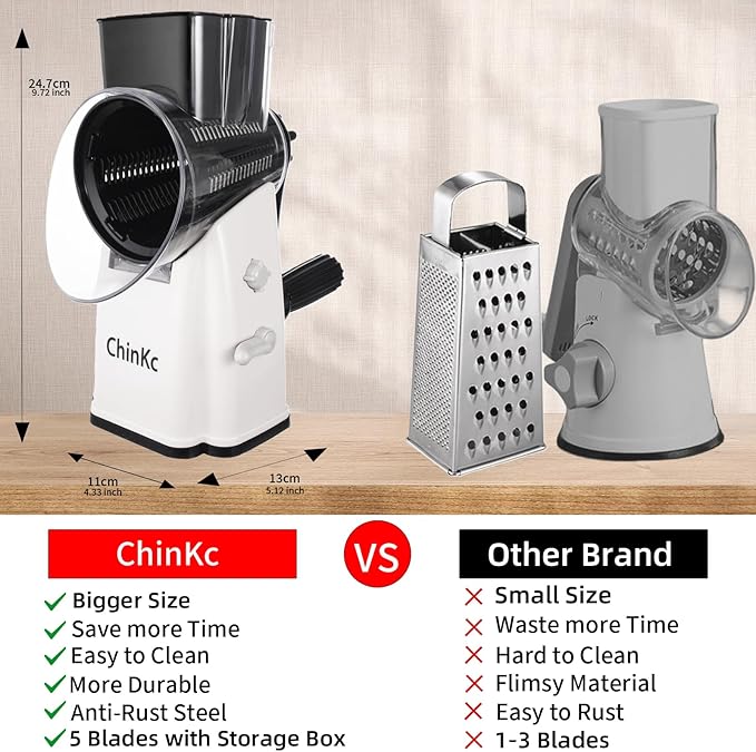 Rotary Cheese Grater Shredder - Upgraded 5 in 1 Cheese Grater with Handle and Strong Suction Base, Multi-purpose Julienne Slicer Ice Shaver Nuts Grinder for Ice, Vegetables, Fruit, Nuts