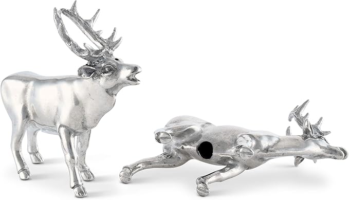Vagabond House Pewter Deer/Elk Salt and Pepper Shakers Set Artisan Designer Handcrafted for Cabin Lodge Mountain Décor 4.5 inch Tall