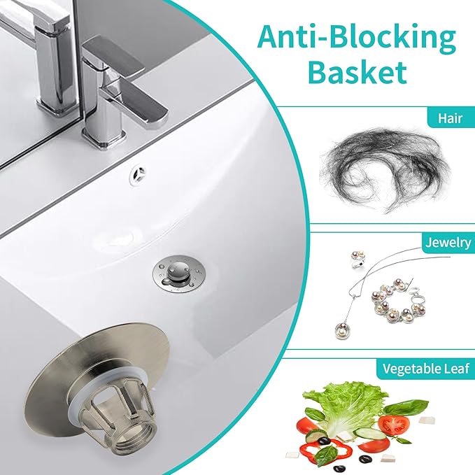 Universal Bathroom Sink Stopper with Hair Catcher, for 1.04-1.97 Inch Drain Hole, Spring Core Bathtub Drain Cover, Pop Up Sink Plug Basin Drain Strainer, Large Lid Brushed Nickel
