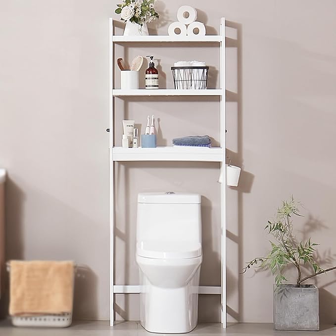 VEVOR Over The Toilet Storage, 3-Tier Adjustable Over Toilet Bathroom Organizer, Bamboo Storage Shelf Rack with 3 Hooks, Freestanding Easy Assembly Laundry Space Saver, Fit Most Toilets, White