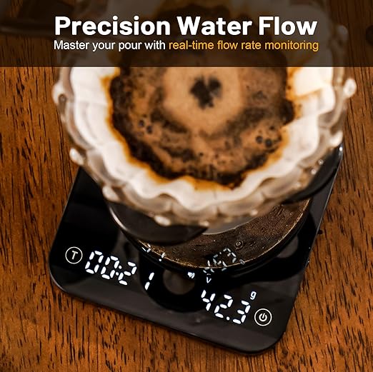 KitchenTour CaféMetric Coffee Scale with Timer 0.1g/2000g - Precision Small Scale for Espresso & Pour Over - Mini Scale with Rechargeable Battery, LED Display - Black