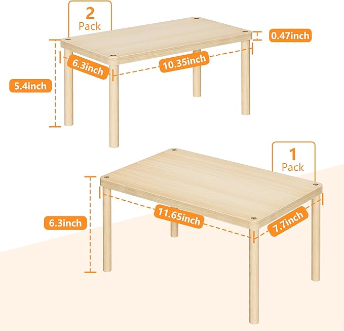 Cabinet Storage Organizer Shelf, Set of 3 Kitchen Cabinet Shelves, Stackable Cabinet Risers, Wood Spice Rack for Countertop, Under Sink, Bathroom, Pantry Organization with Non-Slip Mat