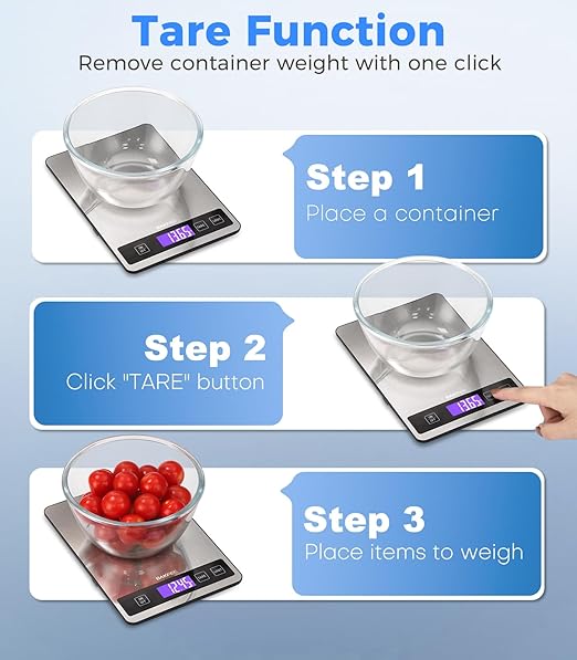 Food Scale - 15kg/33lb Rechargeable Digital Kitchen Scale with Full-View LCD Display, Grams and Ounces, Type-C or Batteries (Not Inc.), Easy Clean Stainless Steel, for Baking, Cooking, Grey