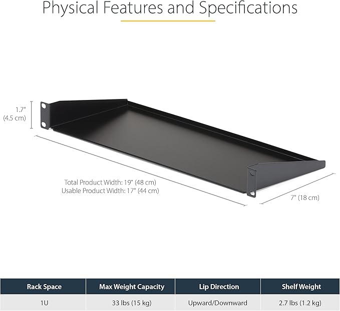 StarTech.com 1U Server Rack Shelf, Universal Rack Mount Cantilever Tray for 19" Network Equipment Cabinet, Heavy Duty Steel