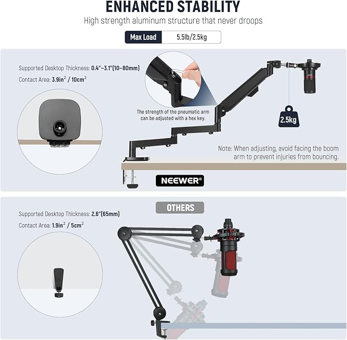Neewer Low Profile Mic Arm Desk Mount, 360° Swivel Boom Arm with Pneumatic Damping Adjustable, Cable Management, Compatible with Shure MV7 SM7B Blue Yeti Gaming Streaming Podcast Microphone, MS002