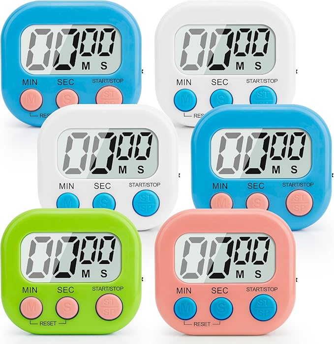 6 Pack Digital Kitchen Timer Multi-Function Magnetic Timers Classroom Timer for Kids Loud Alarm Big LCD Display Electronic Count Up Countdown Timers for Cooking, Classroom, Exercise, Study, Meeting