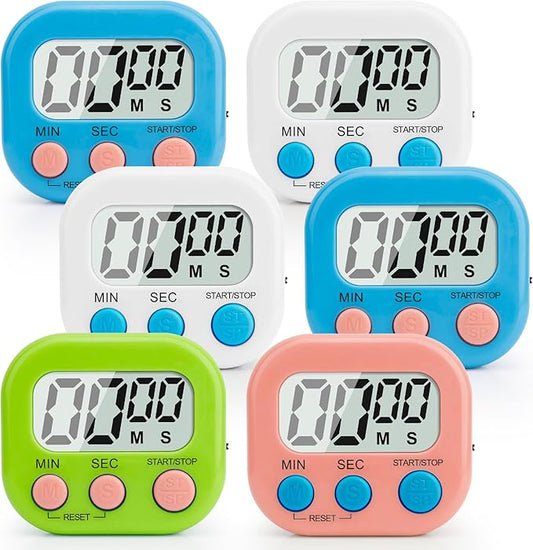 6 Pack Digital Kitchen Timer Multi-Function Magnetic Timers Classroom Timer for Kids Loud Alarm Big LCD Display Electronic Count Up Countdown Timers for Cooking, Classroom, Exercise, Study, Meeting