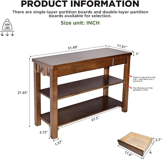 Shoe Storage Bench Wood Entryway: Shoe Rack Bench with Drawer 3-Tiers Height Adjustable,Rustic Wooden Organizer for Front Door Entrance Hallway Living Room,Mudrooms (Walnut 2-Tiers, 31.5")