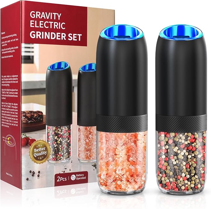 Gravity Electric Salt and Pepper Grinder,BoAn Battery Salt and Pepper Grinder Set,One-Hand Ceramic Larger Chamber Automatic Spice Mill,Adjustable Coarseness with LED Light for Kitchen New Home Gifts