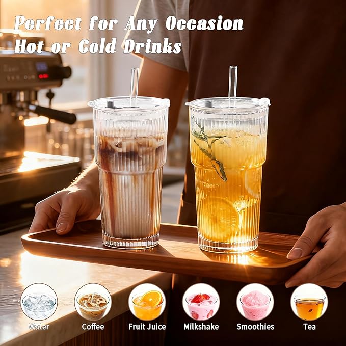 20oz Glass Cups with Lids and Straws, Premium Thick Ribbed Drinking Glass Tumbler Set for Iced Coffee, Smoothies, Cocktails, Beer and Juice, Clear, 4 Pack