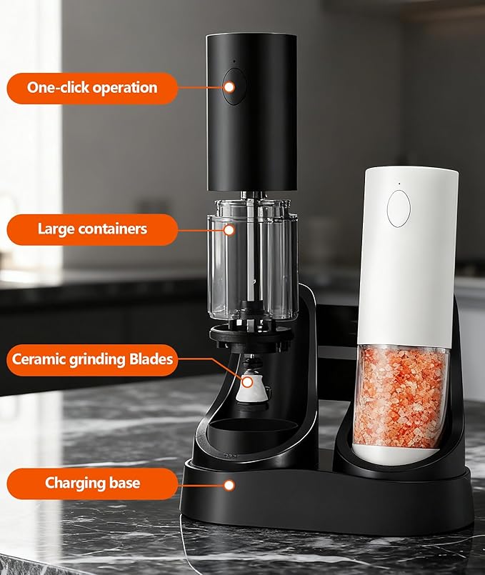 Electric Salt and Pepper Grinder Set - Rechargeable Battery Operated, Adjustable Coarseness, LED Light, Stainless Steel & Glass Body - Spice Mill for Kitchen, Dining Table