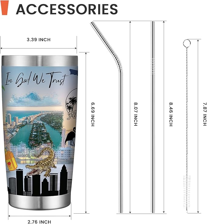 20oz Insulated Tumbler Florida State Coffee Mug, United States Map Travel Mug Landmark, Birthday Gifts Cute Custom Tumbler Cups with Lid and Straw Mothers Day Gifts