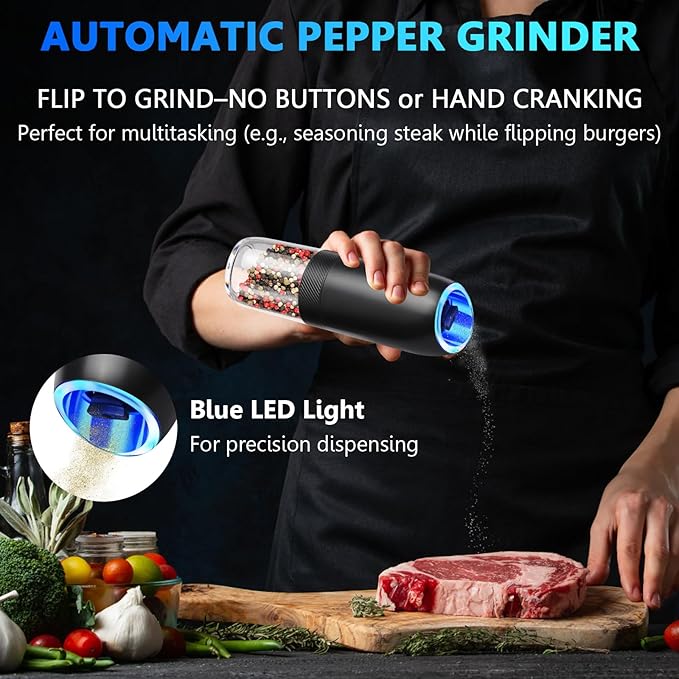 Gravity Electric Salt and Pepper Grinder,BoAn Battery Salt and Pepper Grinder Set,One-Hand Ceramic Larger Chamber Automatic Spice Mill,Adjustable Coarseness with LED Light for Kitchen New Home Gifts