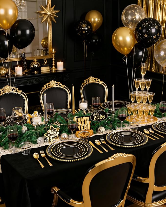 bUCLA 600PCS Black and Gold Disposable Dinnerware Set - Black Plastic Plates Disposable for Party Include 100 Dinner&100 Dessert Plates,100 Knives,100 Forks,100 Spoons,100 Cups for Party & New Year