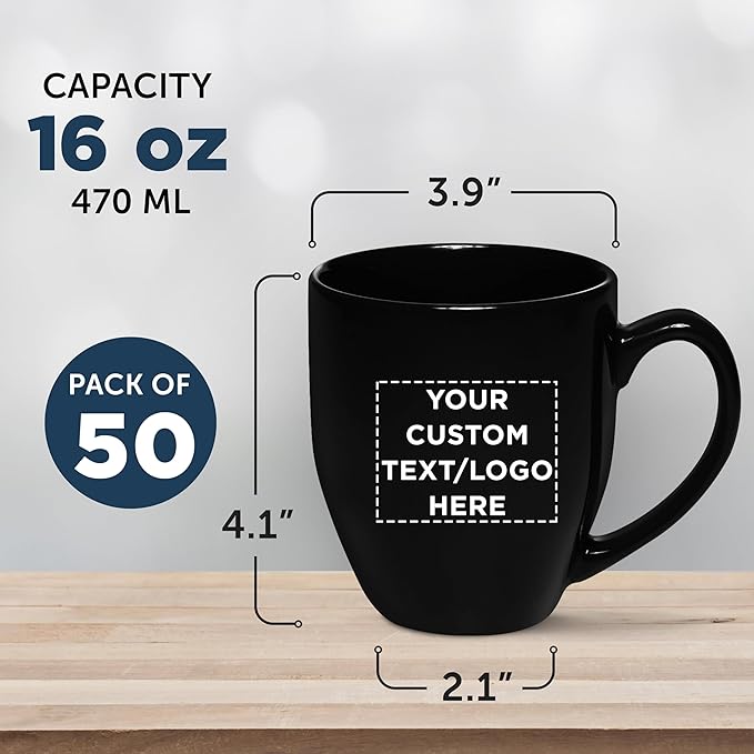 Custom Large Coffee Cups 16 oz. Set of 50, Personalized Bulk Pack - Perfect for Tea, Espresso, Cappuccino, Hot Cocoa - Black