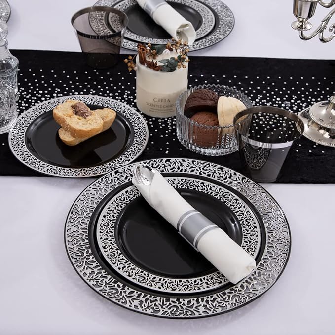 NOCCUR 210PCS Black and Silver Dinnerware Set for 30 Guests - Black Plastic Plates with Silver Rim Include 30 Dinner / 30 Dessert Plates, 30 Prewrapped Silverware, 30 Cups Ideal for Party/New Year