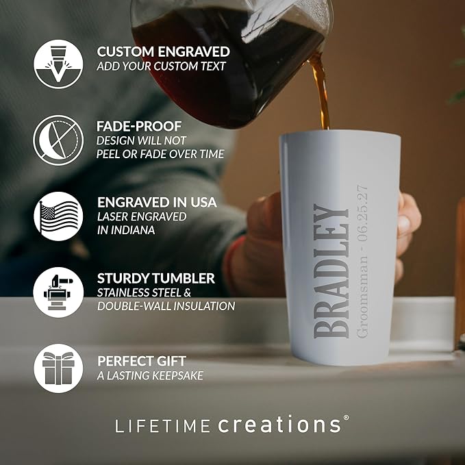 Lifetime Creations Engraved Personalized Groomsman Tumbler (White) 20 oz - Stainless Steel Coffee Travel Mug Gift