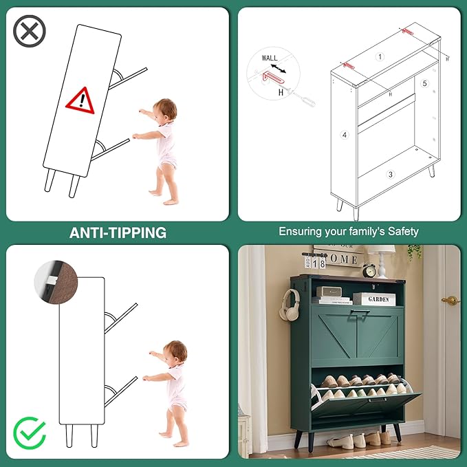 Shoe Storage Cabinet,Farmhouse Shoe Organizer with 2 Flip Drawers & Barn Door Design,Freestanding Hidden Slim Narrow Shoe Rack Cabinet with Open Storage for Entryway, Foyer,Hallway,Green