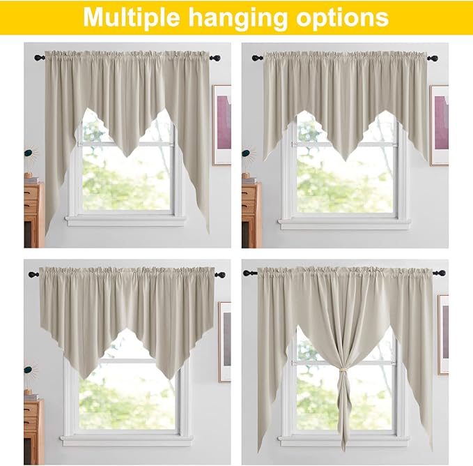 NICETOWN Kitchen Swag Curtains for Living Room, Farmhouse Style Short Curtains for Bathroom Windows, Rod Pocket Room Darkening Window Valances for Home, 1 Pair, 36" x 36" x 18" per Panel, Natural