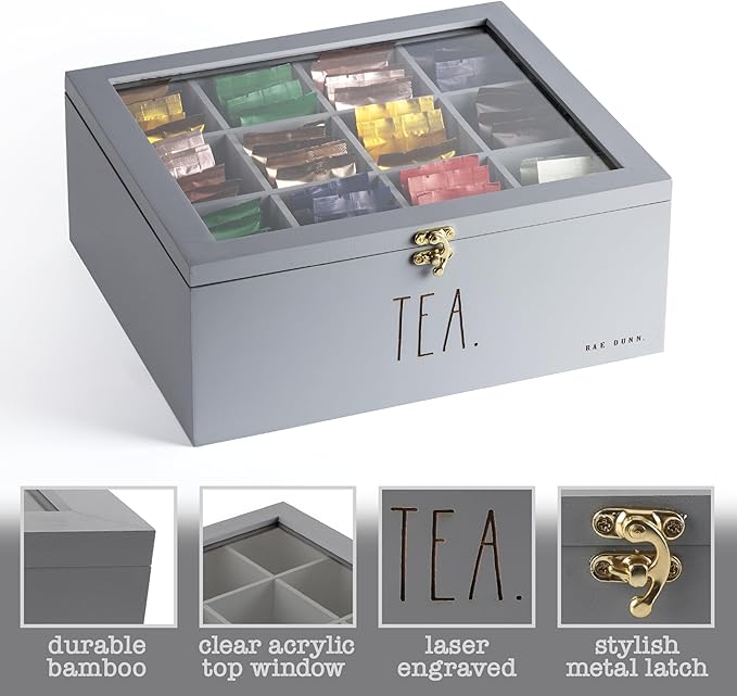 Rae Dunn Tea Bag Organizer - Tea Box Divided Storage Container Box with Hinge Lid for Kitchen Cabinet, Countertop, Pantry, Hold Coffee Pods, Seasoning Packets, Condiments, Grey