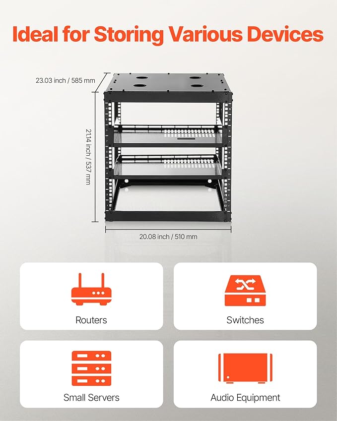 VEVOR 10U Server Rack, Open Frame Network Rack,4-Post Floor Standing or Wall Mounted, Includes 2PCS Vented 1U Rack Shelves & Mounting Hardware, Computer Wall Rack for 19" IT/AV Equipment