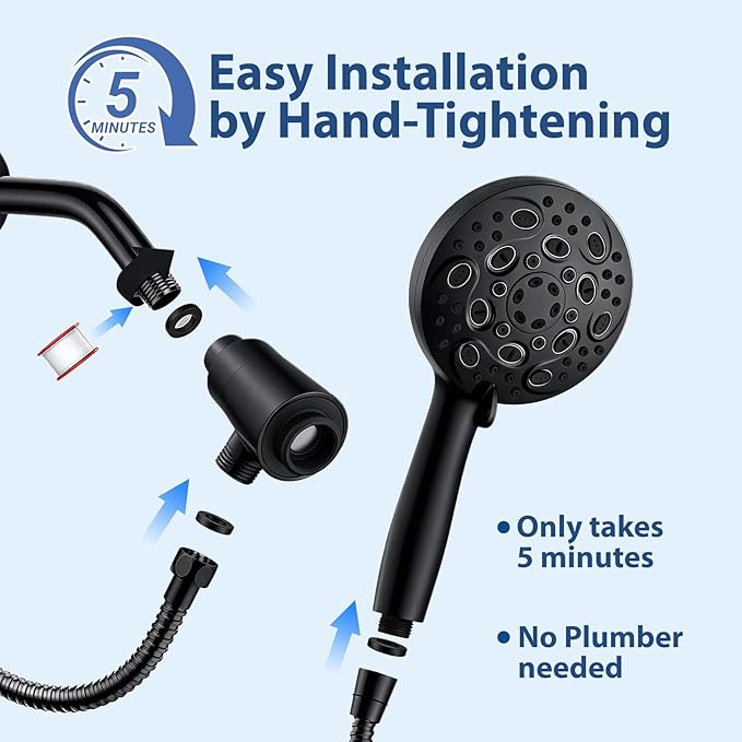 Filtered Handheld Shower Head with Chlorine Filter - 10 High Pressure Spray Modes, Magnetic Mount, 71-Inch Hose, Water Saving & Easy Install (Matte Black)