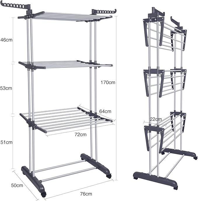 Bigzzia Clothes Drying Rack Folding Drying Rack Clothing 4 Tier Clothes Horses Rack Stainless Steel Laundry Drying Rack with Two Side Wings Grey