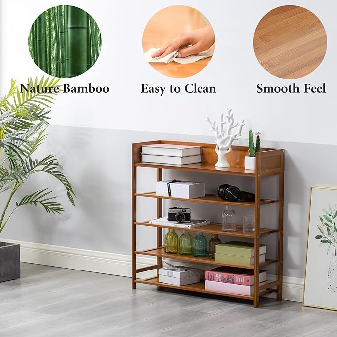 Bamboo Shoe Rack Organizer, 5 Tier Shoe Shelf Storage Organizer, for Entryway, Hallway, and Closet (Brown-39)