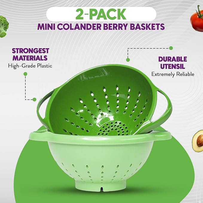 Crisp 2-Piece Mini Colander Berry Baskets With Handles - Food Strainers For Kitchen - Small Colander For Berries, Strawberry & Grape - Dishwasher Safe Berry Strainer - Made in the USA - Bright Green