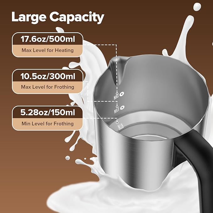 Milk Frother and Steamer with Heating Function - 4-in-1 Automatic Hot & Cold Milk Frother and Warmer, Stainless Steel Pitcher with Transparent Lid for Cappuccino, Latte, Hot Chocolate