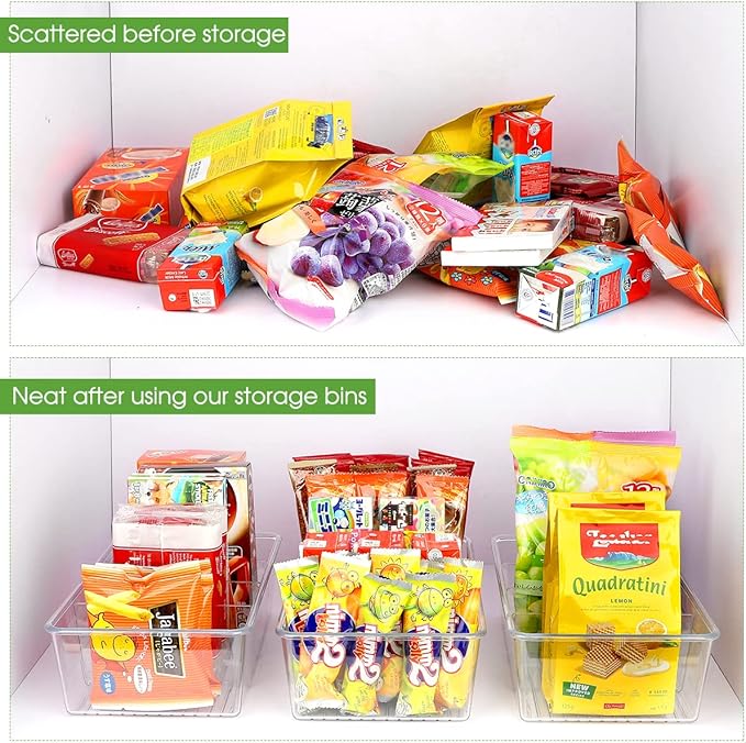 Snack Organizer for Pantry Shelf, 4 Pack Clear Plastic Pantry Storage Bins with 3 Dividers for Snacks, Spices, Chips Food Organizer, Stackable Pantry Organizers for Kitchen, Fridge, Cabinet