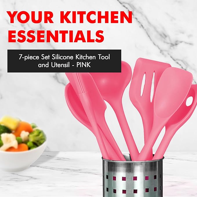 Chef Craft - Premium Silicone Kitchen Tools and Utensils Set, Non-Scratch, Withstands Temperatures up to 450°F, BPA-Free, 7 Piece Cooking Utensils Set, Pink