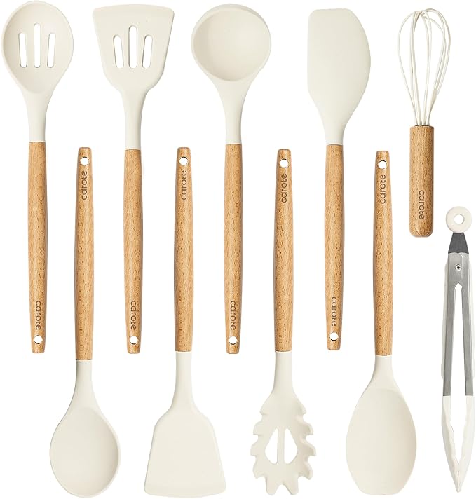 CAROTE Silicone Cooking Utensils Set, Kitchen Utensils Set 10 Pcs for cooking, BPA Free Spatula Set with Heat Resistant Wood Handles for Nonstick Cookware (Cream White)