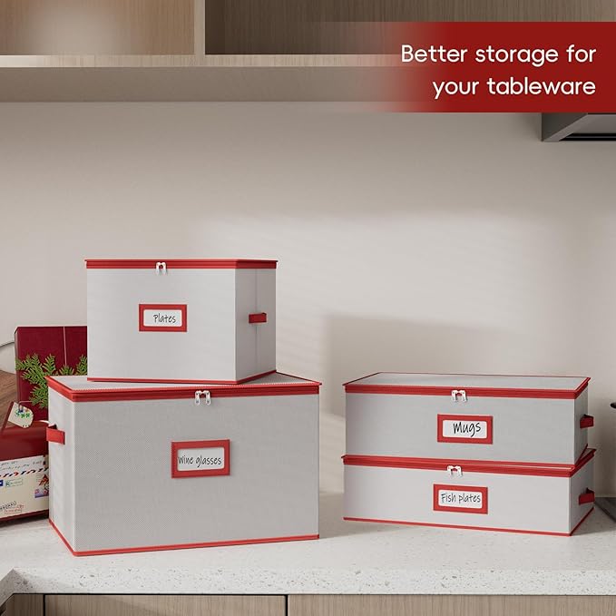 homyfort Platter Storage Case, Christmas China Storage Containers Box Hard Shell 17" x 13" x 5.5" for Platters Organizing, 4 Felt Dividers Included, Structured Top and Stackable