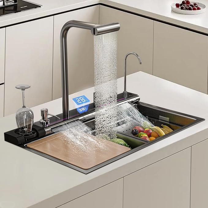 Dual Waterfall Kitchen Sink Modern Kitchen Sink Single Bowl Digital Smart Sink with Soap Dispenser Stainless Steel Sink with Pull-Out Faucet Workstation Sink with Honeycomb(29.5x18.1in)