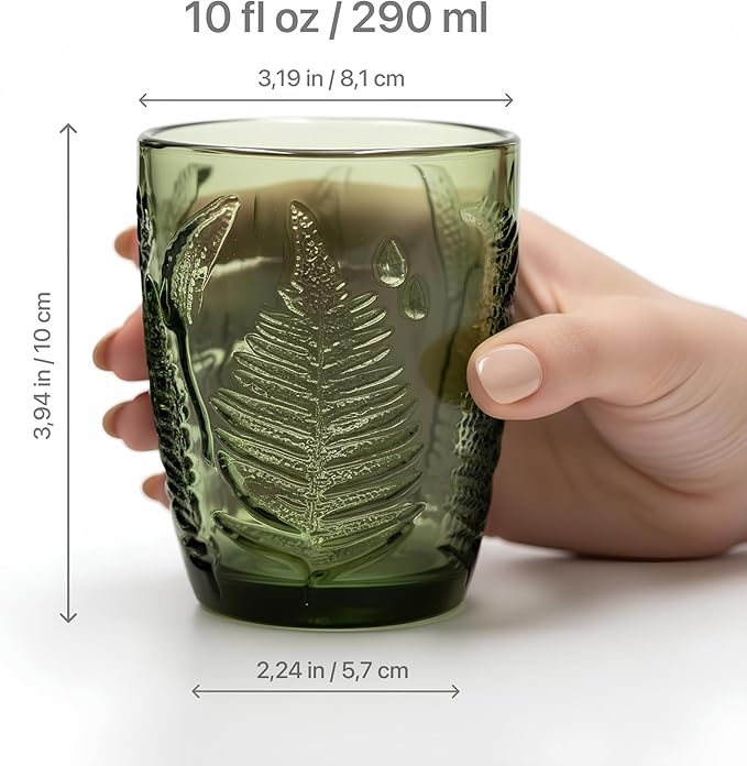 Vintage Green Drinking Glasses Set of 8 – 10 oz Embossed Textured Glass Cups, Retro Style Colored Drinkware for Water & Cocktails, Durable Decorative Kitchen Glassware, Unique and Cute Hostess Gift