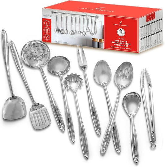 Emeril Lagasse 10-Piece Stainless Steel Utensil Set – Premium 304 Mirror Finish Cooking Tools with Hanging Loops – Heat Resistant, Dishwasher Safe Kitchen Gadgets for Nonstick Cookware