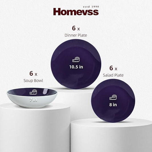 Stoneware Coupe 18pc Dinner Set, Outside White + Inside Purple