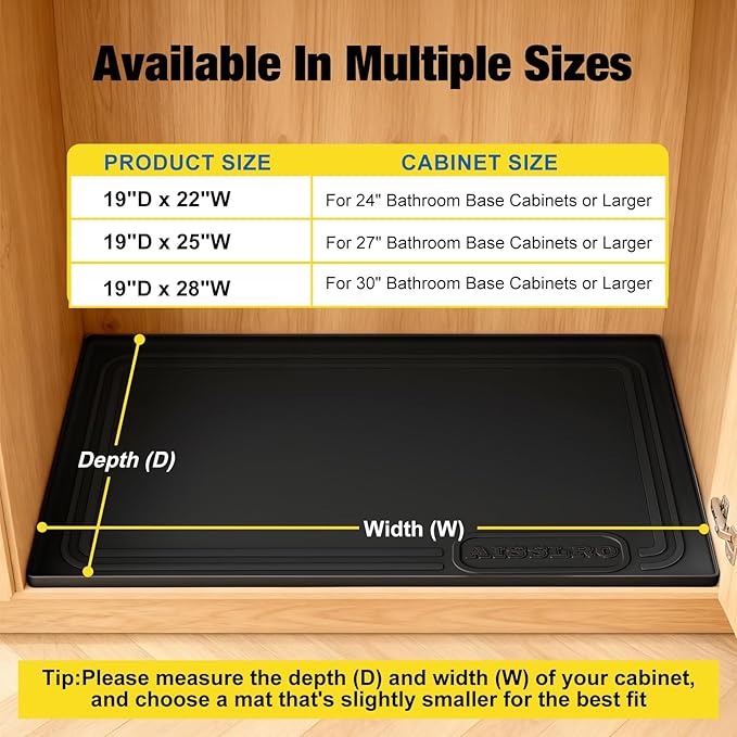 Under Sink Mat 25" X 19", Waterproof Silicone Under Sink Mats for Kitchen, Anti-Leak Shelf Liner & Cabinet Protector with Raised Edge, [BPA Free] Bathroom Tray Home Organizer, Black