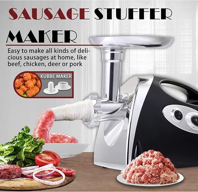 VNIMTI Electric Meat Grinder Mincer Machine,Heavy Duty Meat Grinders 2800W,Sausage Maker with Blade,3 Plates,Sausage Stuffer Tube and Kubbe Kit for Home Kitchen Use (2800W-Black)