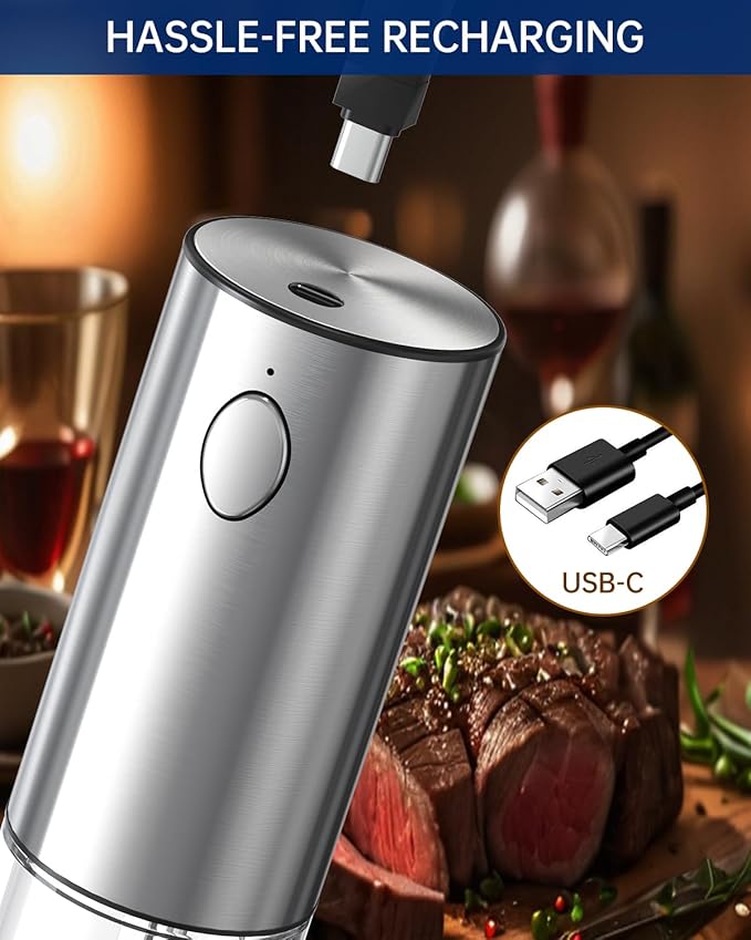 CIRCLE JOY Stainless Steel Electric Pepper Grinder, Rechargeable Pepper Mills with LED Light, 6-Level External Adjustable Coarseness for Easy Use