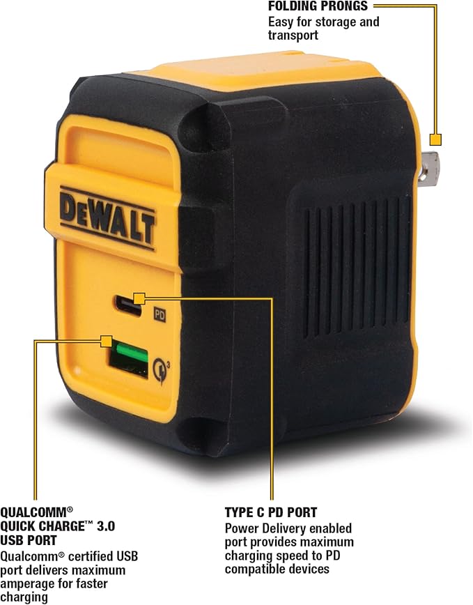 DEWALT Heavy Duty 49.5W Dual USB & USB C Charger Block (Cable Not Included), USBC Power Adapter, 2 Port Compact Foldable Fast Wall Charger for iPhone 17/16/15/14 Galaxy Pixel 4/3 iPad - Black & Yellow