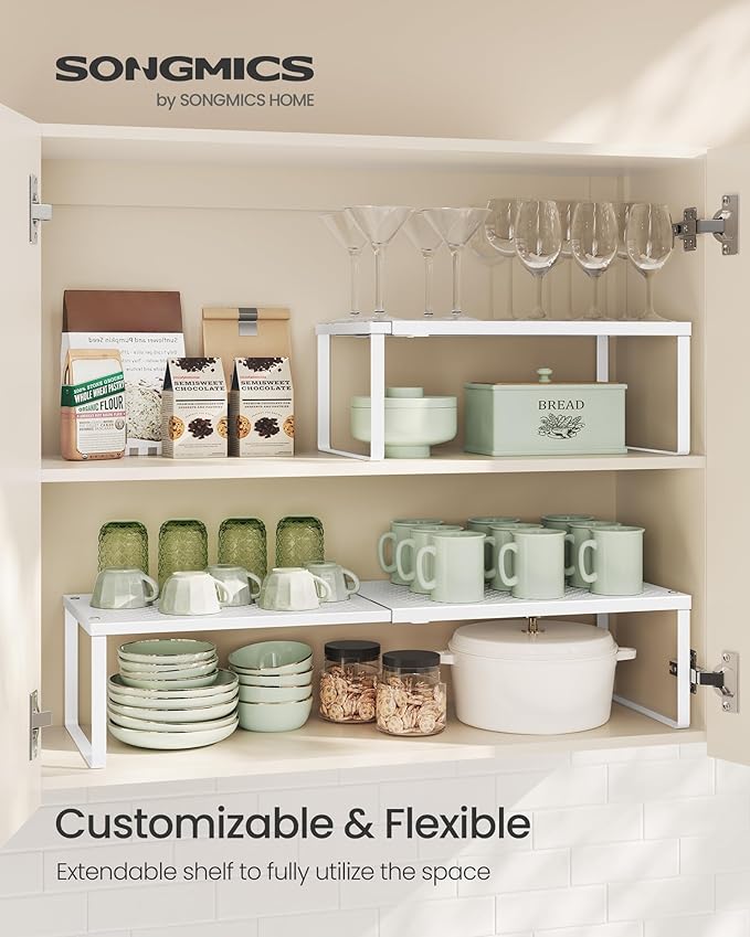 SONGMICS Expandable Pantry Kitchen Organizers, Adjustable Spice Rack, Stackable Cabinet Organizers, Metal, Space-Saving Tabletop Shelves, Matte White UKCS007W01
