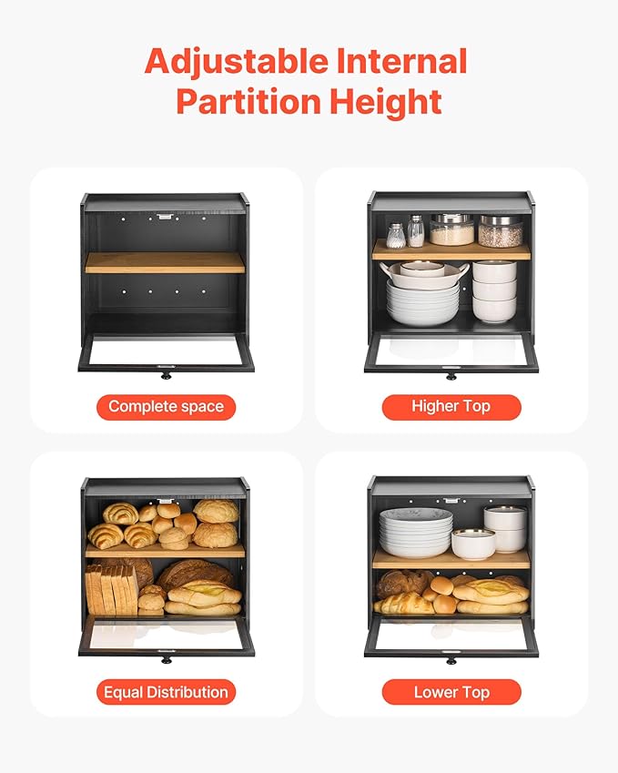 VEVOR Double Layer Bread Box for Kitchen Counter, Large Capacity Bamboo Bread Storage Container, Farmhouse Wooden Breadbox for Homemade Bread, Storage Holder Bin with Acrylic Wavy Door Panel, Black