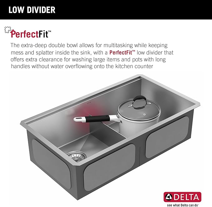 DELTA FAUCET Rivet 33-Inch Workstation Kitchen Sink Undermount 16 Gauge Stainless Steel 50/50 Double Bowl with WorkFlow Ledge and Chef’s Kit of 9 Accessories, 95B931-33D-SS