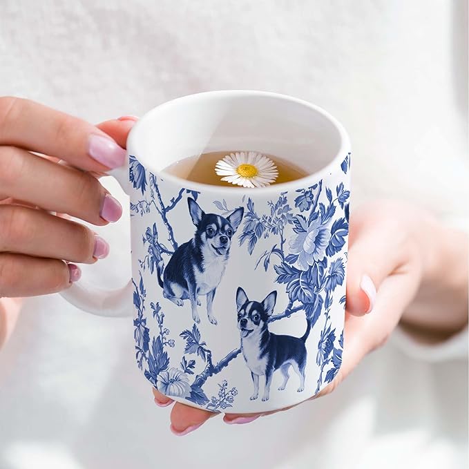 Chihuahua Blue French Toile Mug, Chihuahuas Lover Gifts for Women, Blue Chinoiserie Toile Coffee Cup for Chihuahua Mom, Dog Lovers Tea Coffee Mug Birthday Gifts for Dog Owners, 11oz