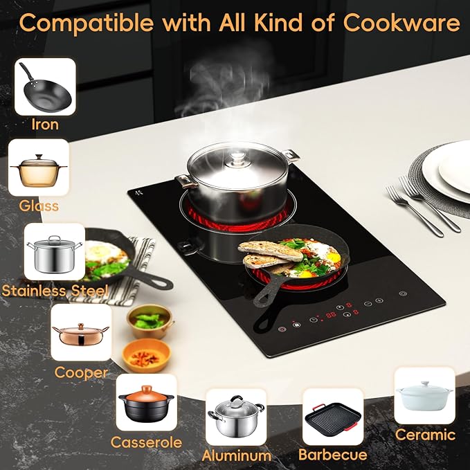 Electric Cooktop 2 Burner, 3200W Radiant Electric Stove Top 240V with Built-in Design, 12 inch Touch Control Ceramic Cooktop with Safety Lock, 9 Level Power, Timer - Hard Wire