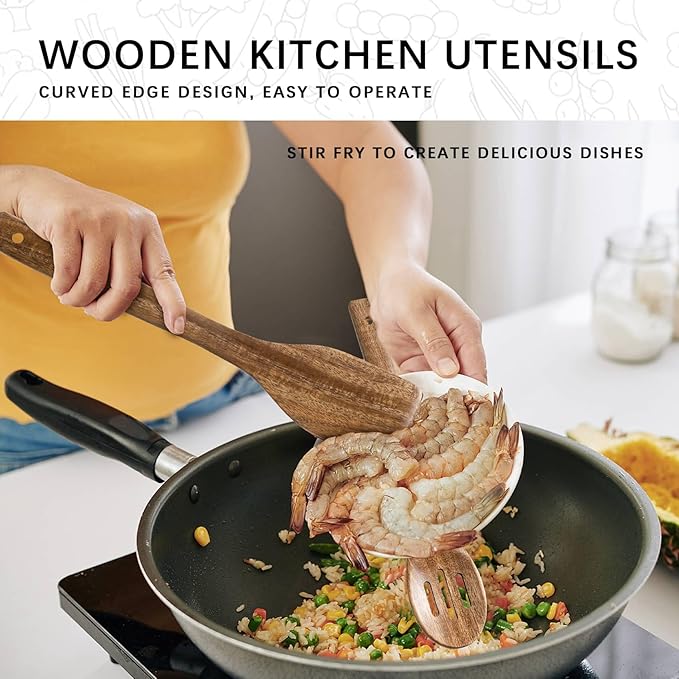 Wooden Spoons for Cooking, 4-Piece Wood Utensil Set Includes Slotted Spoon, Spoon & Wooden Spatula for Cooking – Acacia Wood Kitchen Utensil Set – 12 Inch Hardwearing Tools